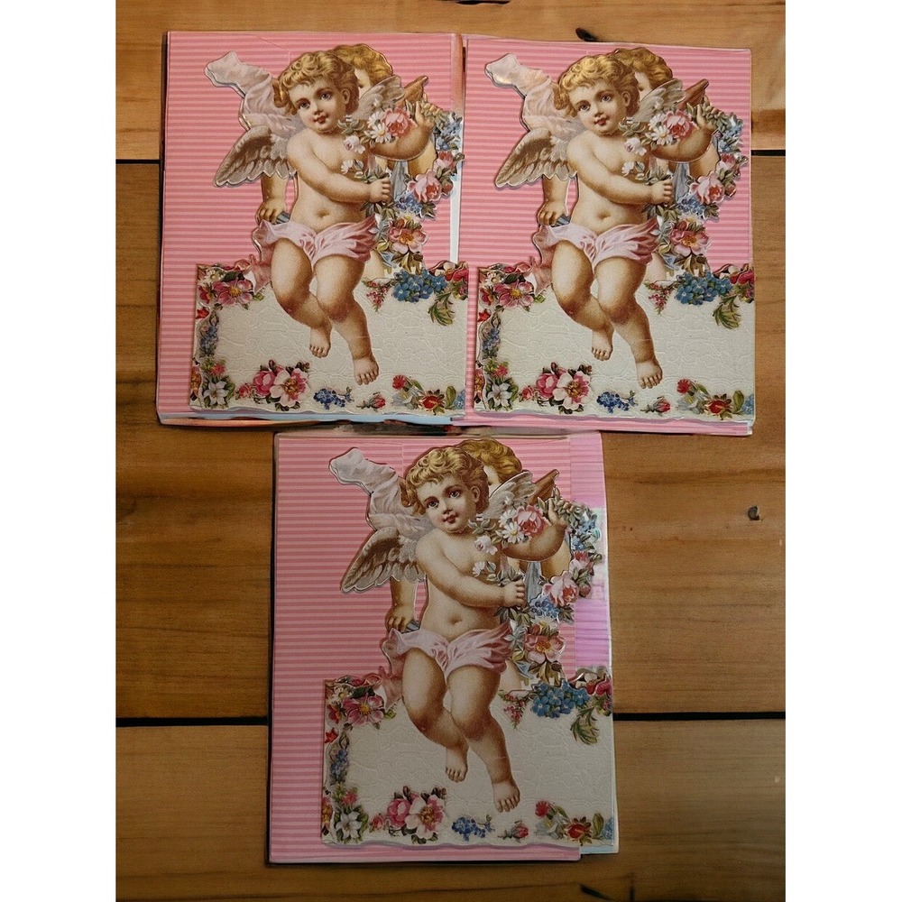 3- Vintage Streamers Valentines Day Card Victorian Inspired Cherub Angels Unused